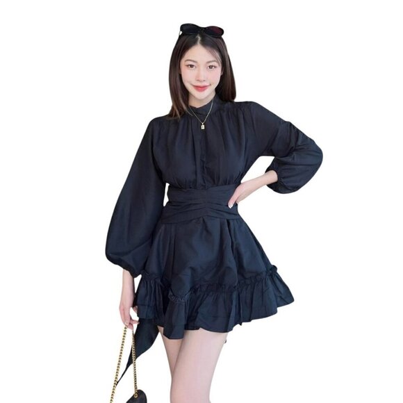 Tanintra Dresses & Skirts - Tanintra Black White Red Bell Longsleeves Ribbon Mini Ruffle Dress 100% Cotton